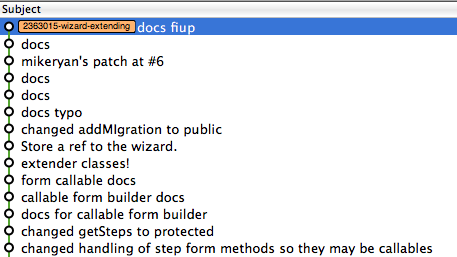 A screenshot of a git GUI showing the tip of a local branch, with a commit for a patch from another user.